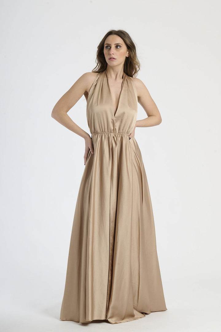 Long Satin Dress with Shoulder Strap and Open Back Pamela