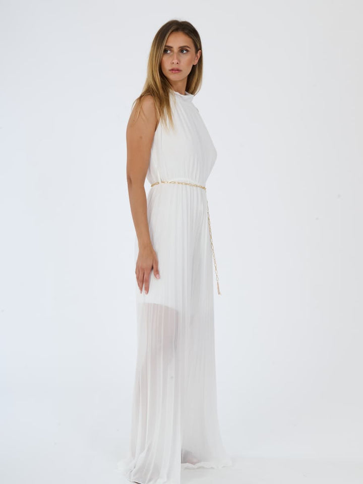 "Celestea" Jumpsuit – Plissé Jumpsuit with Crew Neck and Chain Waist