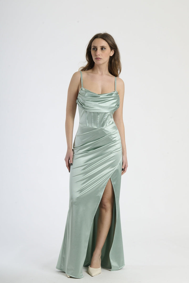 Satin dress with boned bodice and side slit Romina
