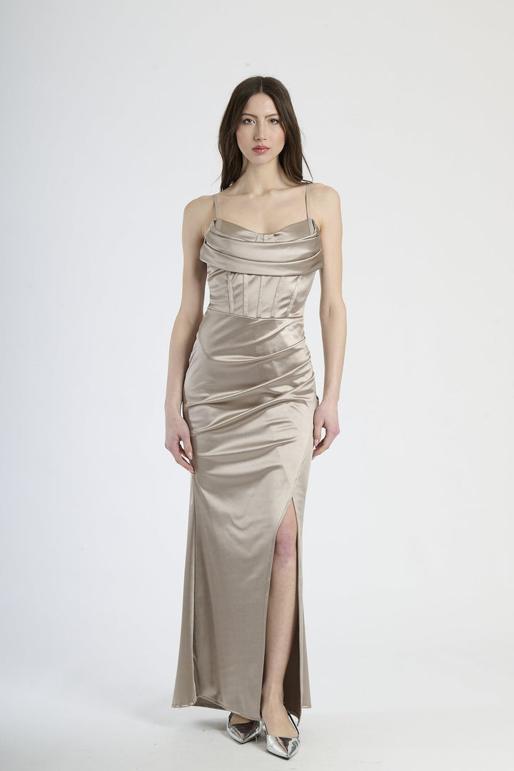 Satin dress with boned bodice and side slit Romina