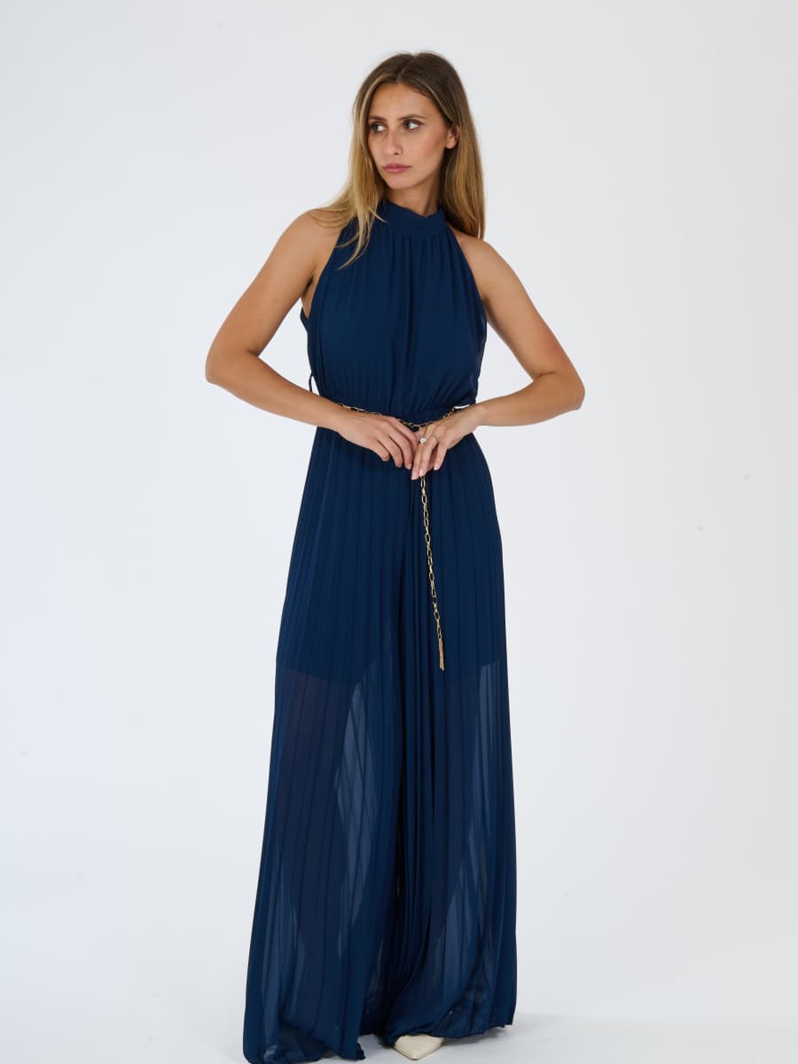 "Celestea" Jumpsuit – Plissé Jumpsuit with Crew Neck and Chain Waist
