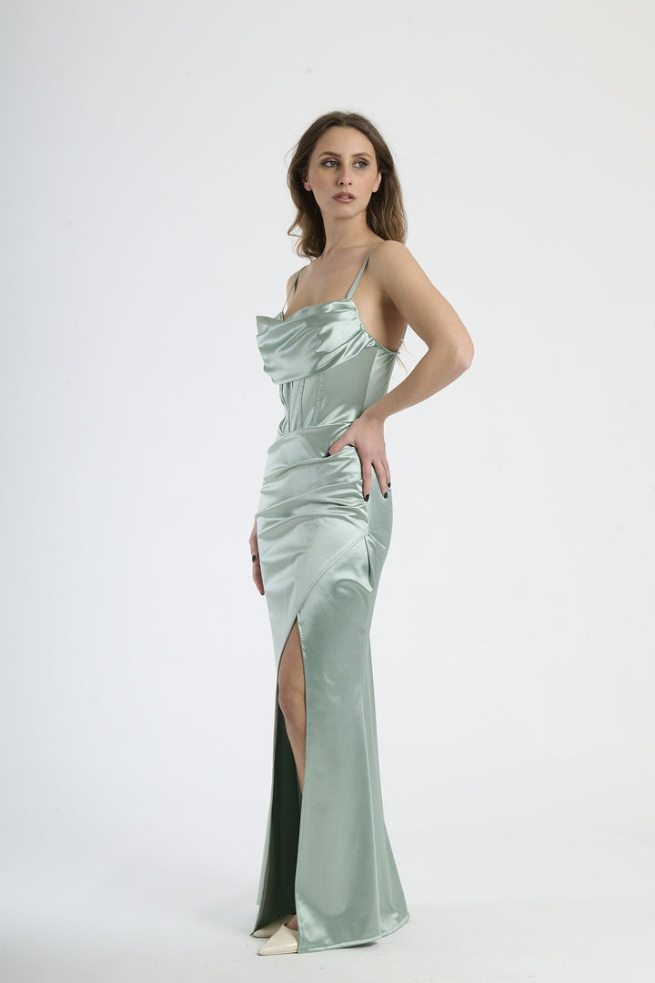 Satin dress with boned bodice and side slit Romina