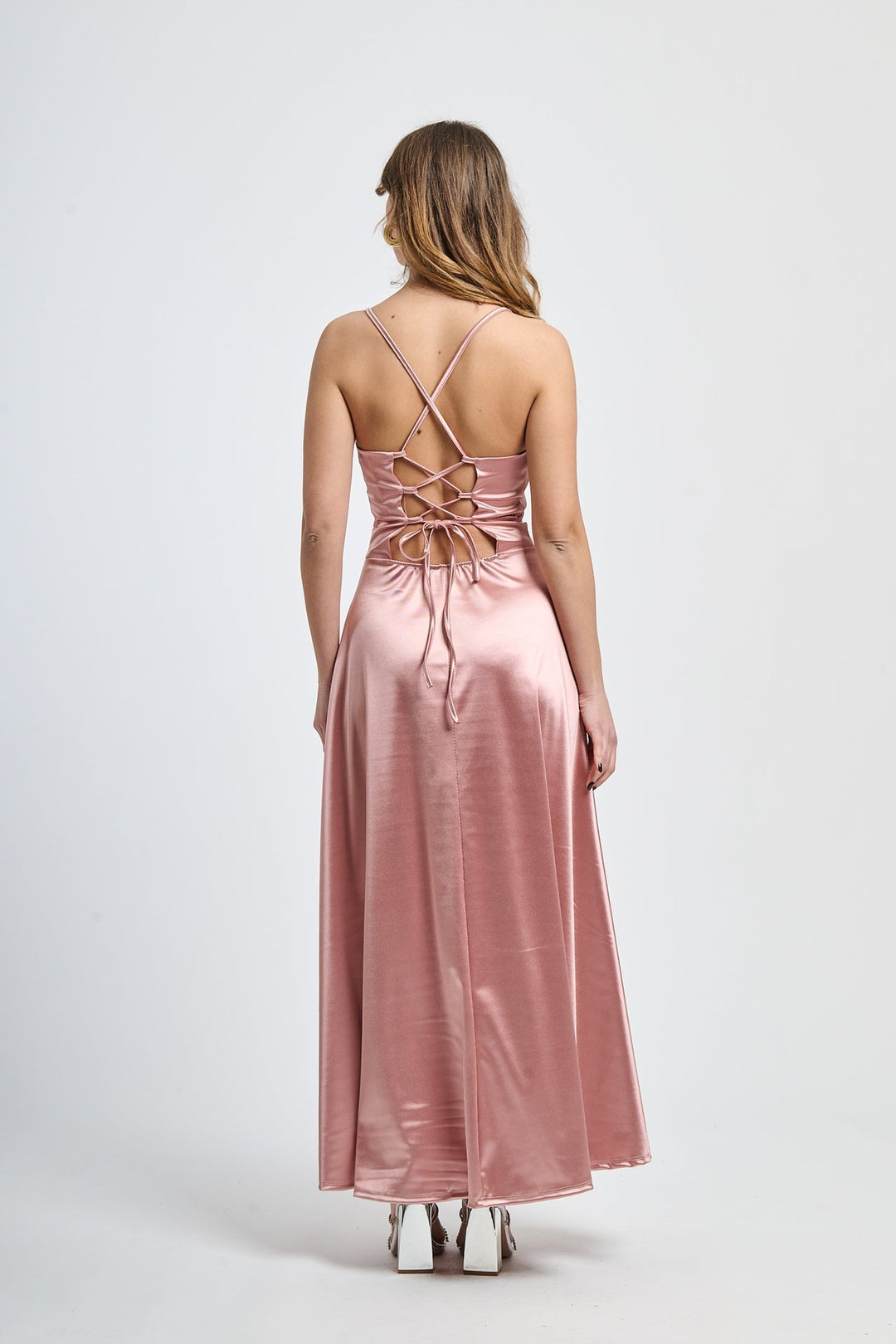 Long satin dress with open back Eva