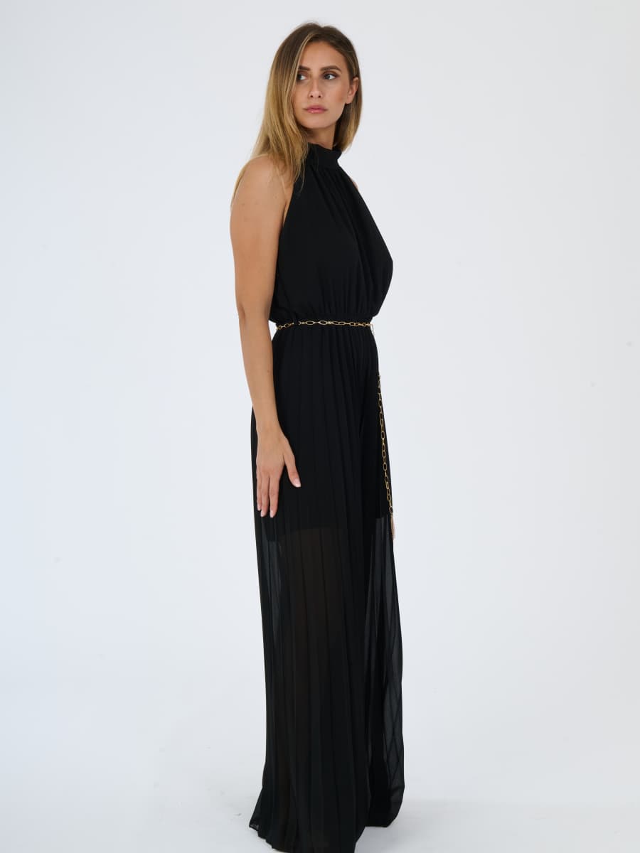 "Celestea" Jumpsuit – Plissé Jumpsuit with Crew Neck and Chain Waist