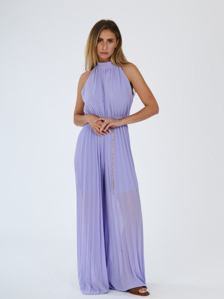 "Celestea" Jumpsuit – Plissé Jumpsuit with Crew Neck and Chain Waist