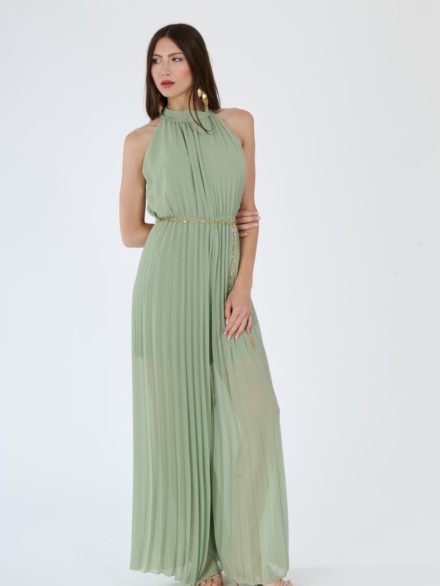 "Celestea" Jumpsuit – Plissé Jumpsuit with Crew Neck and Chain Waist