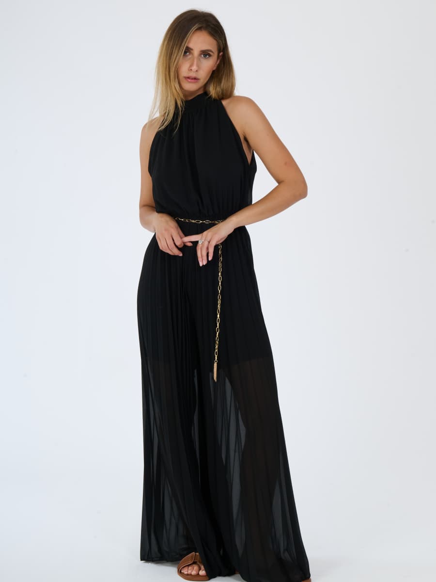 "Celestea" Jumpsuit – Plissé Jumpsuit with Crew Neck and Chain Waist