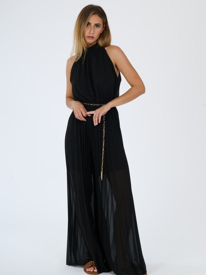 "Celestea" Jumpsuit – Plissé Jumpsuit with Crew Neck and Chain Waist