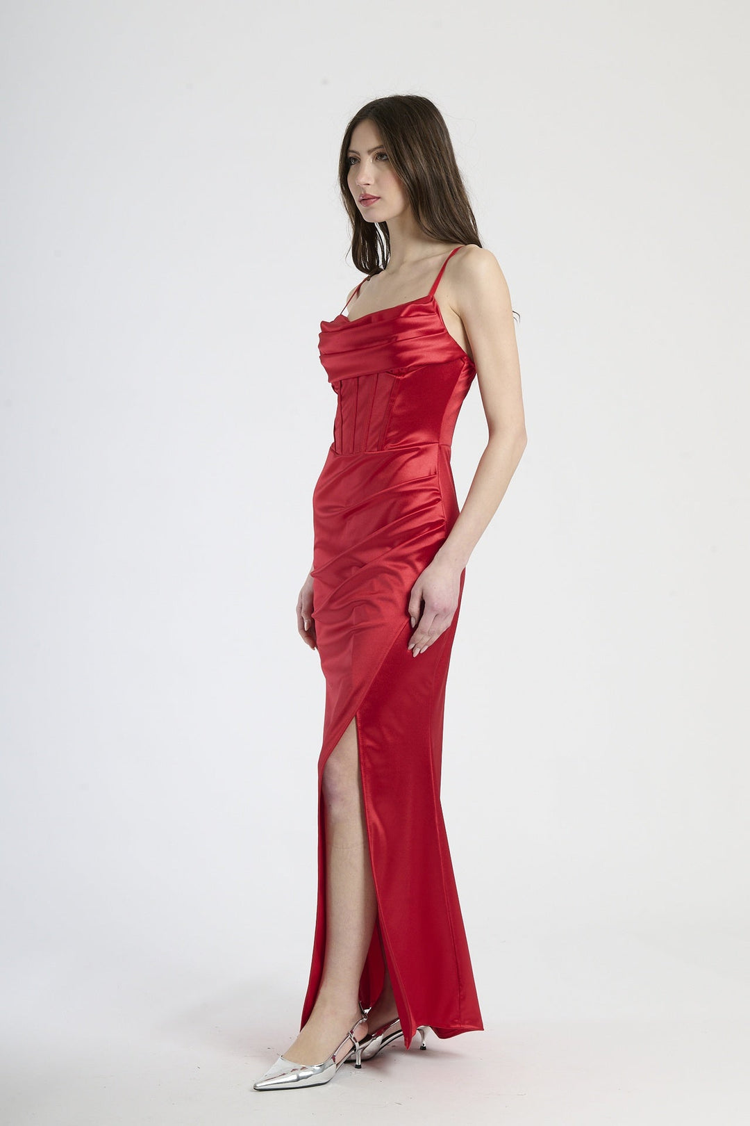 Satin dress with boned bodice and side slit Romina