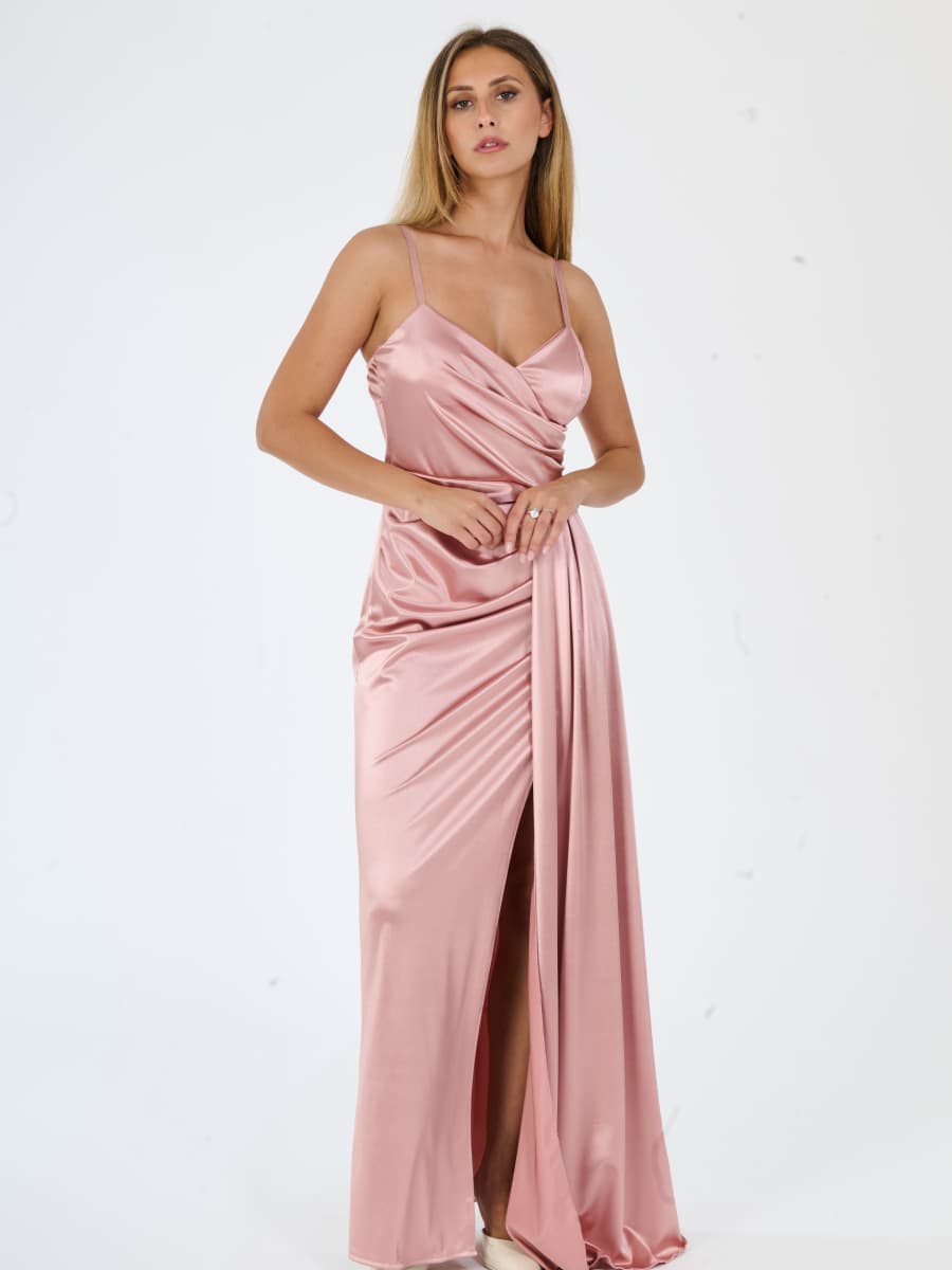 Draped Satin Long Dress with Side Slit Beatrice