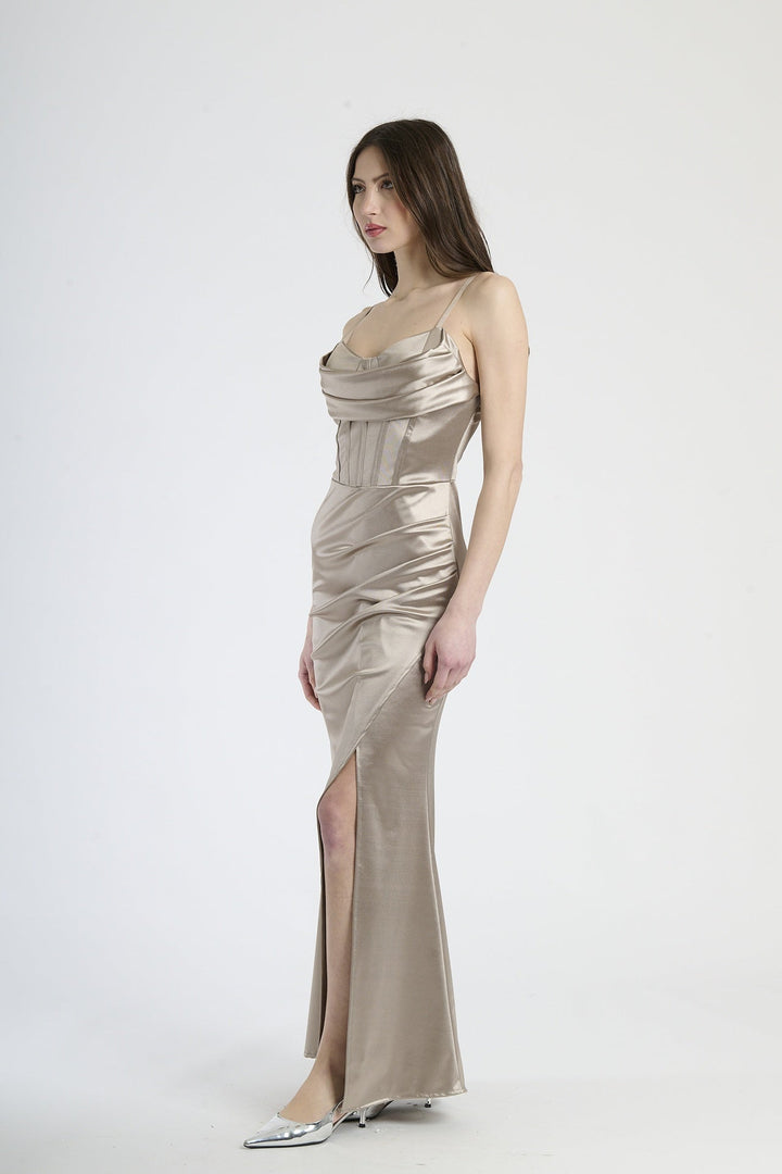 Satin dress with boned bodice and side slit Romina
