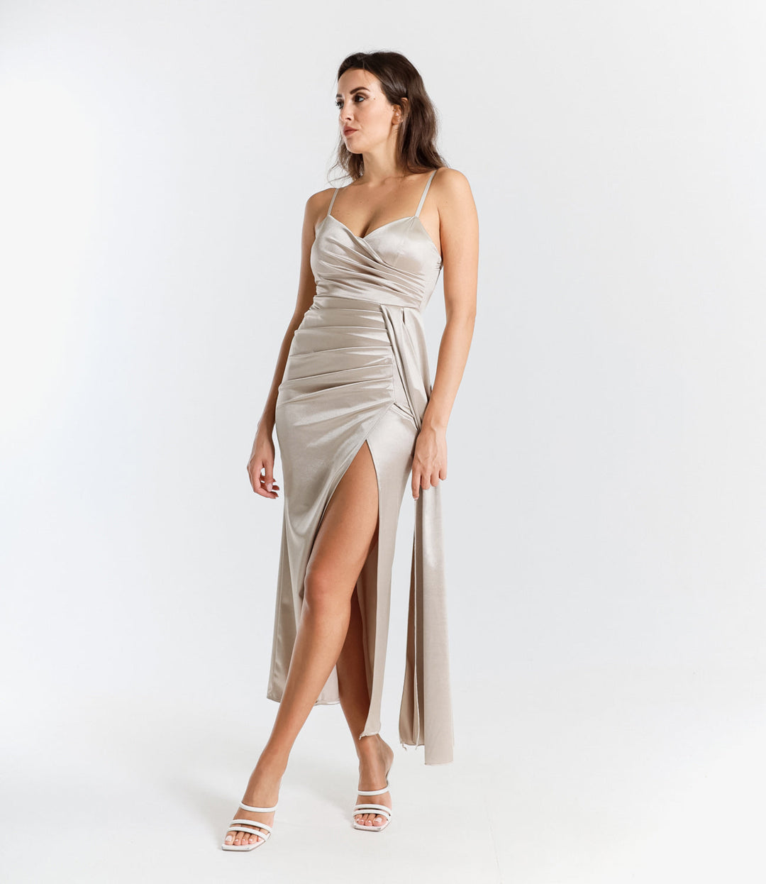 Draped Satin Long Dress with Side Slit Beatrice