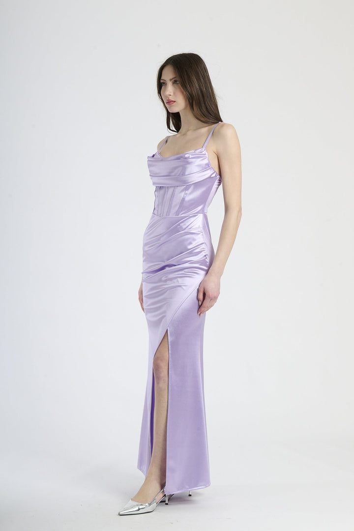 Satin dress with boned bodice and side slit Romina