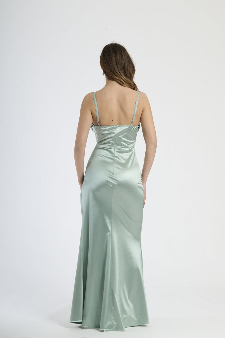 Satin dress with boned bodice and side slit Romina