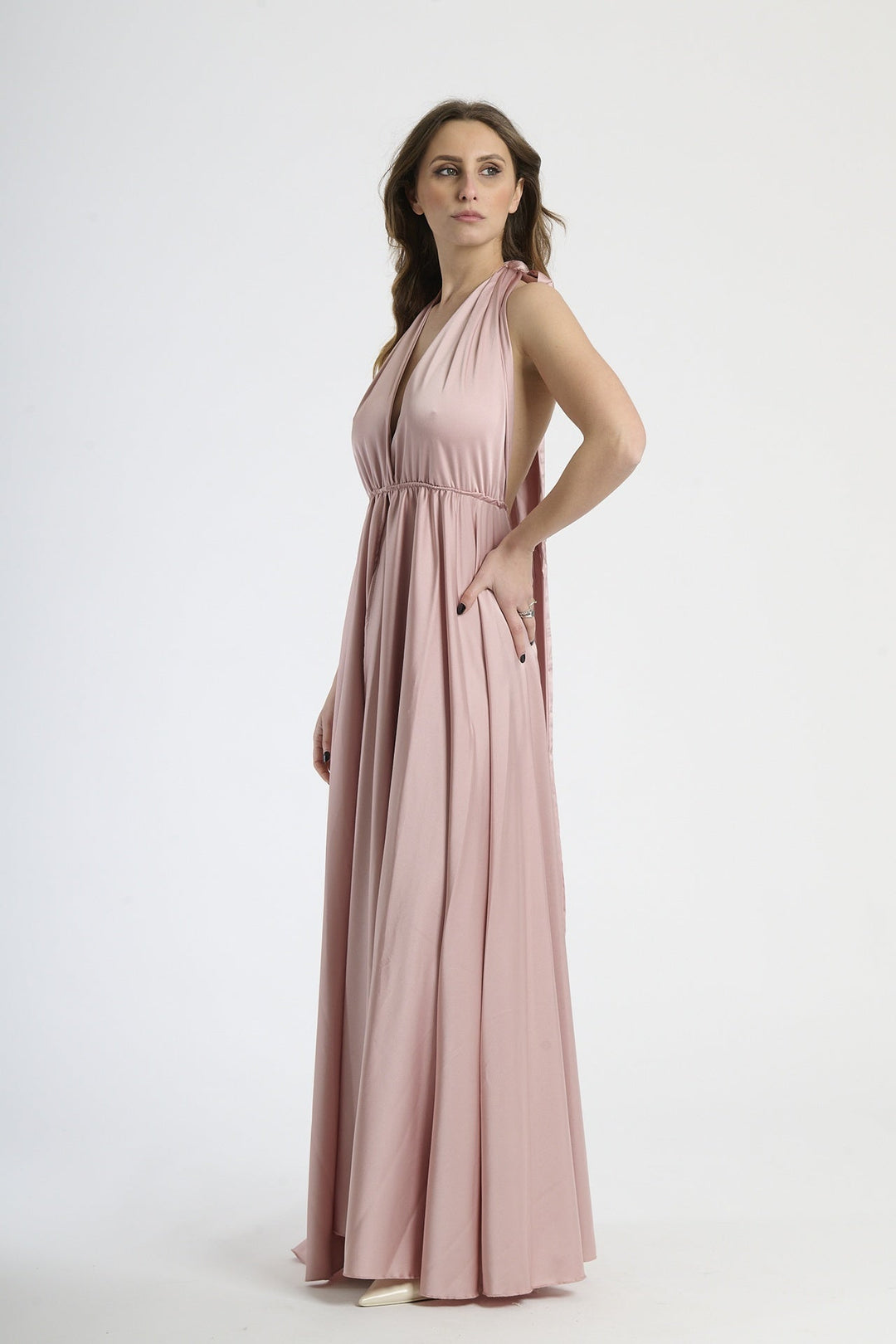 Long Satin Dress with Shoulder Strap and Open Back Pamela