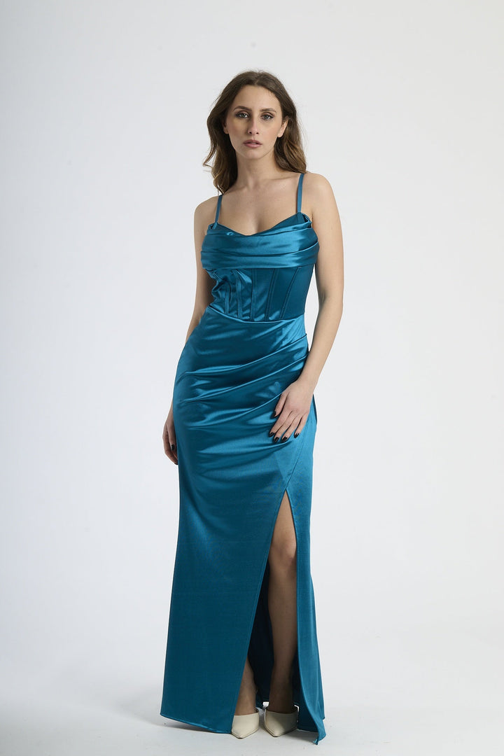 Satin dress with boned bodice and side slit Romina