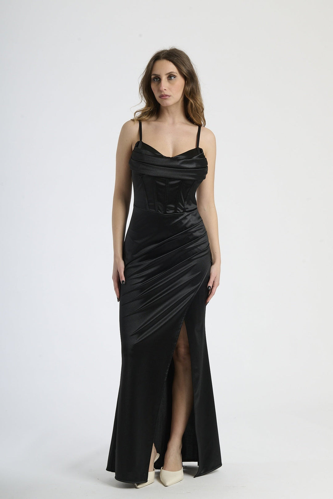 Satin dress with boned bodice and side slit Romina