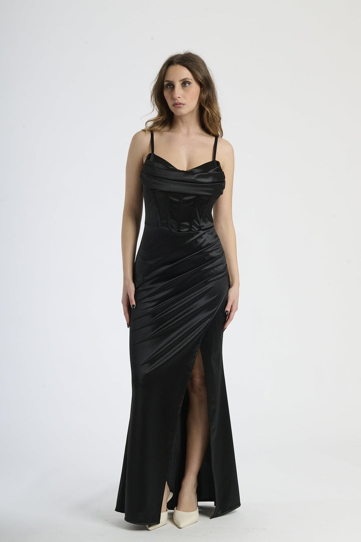 Satin dress with boned bodice and side slit Romina