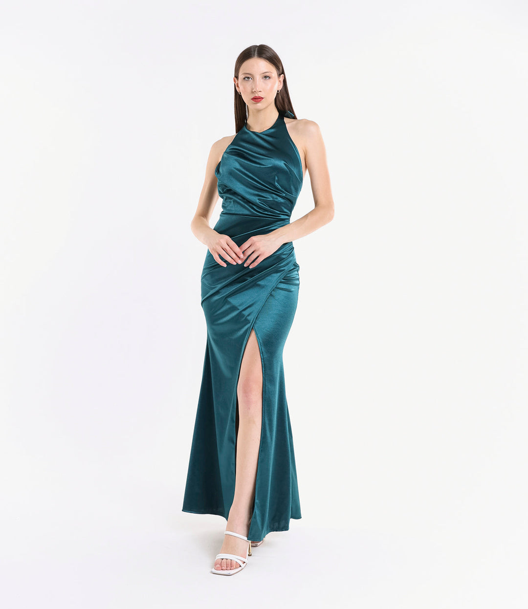 Draped Satin Dress with American Neckline Aria