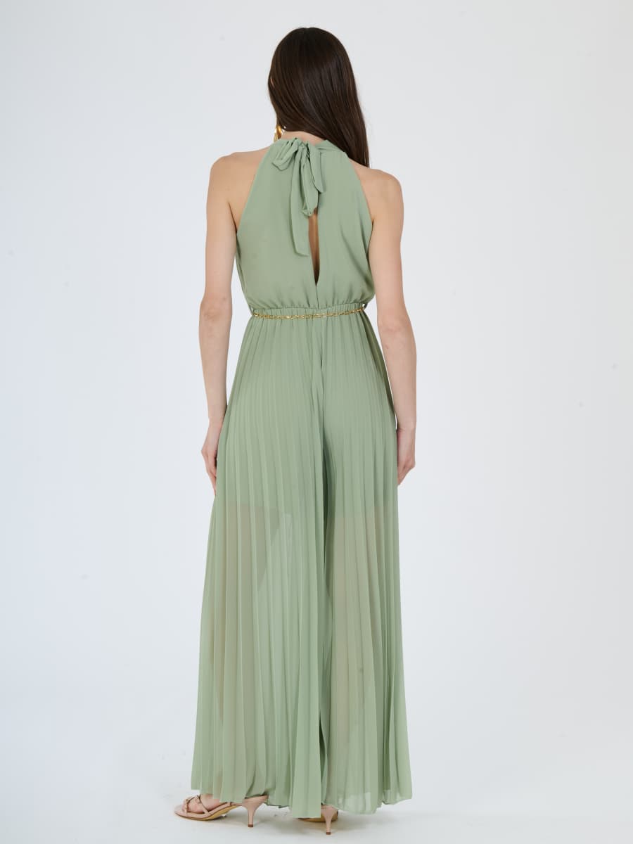 "Celestea" Jumpsuit – Plissé Jumpsuit with Crew Neck and Chain Waist