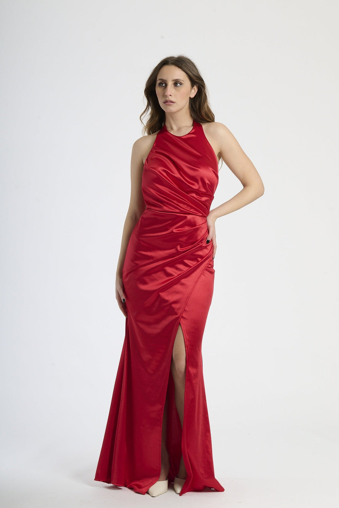 Draped Satin Dress with American Neckline Aria