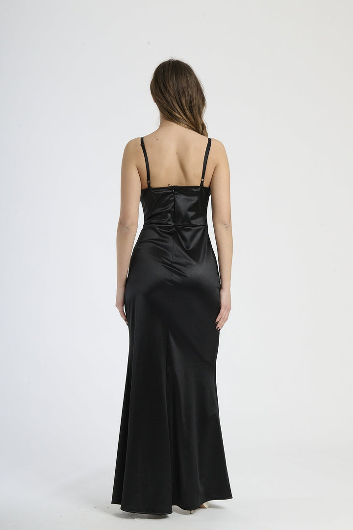 Satin dress with boned bodice and side slit Romina
