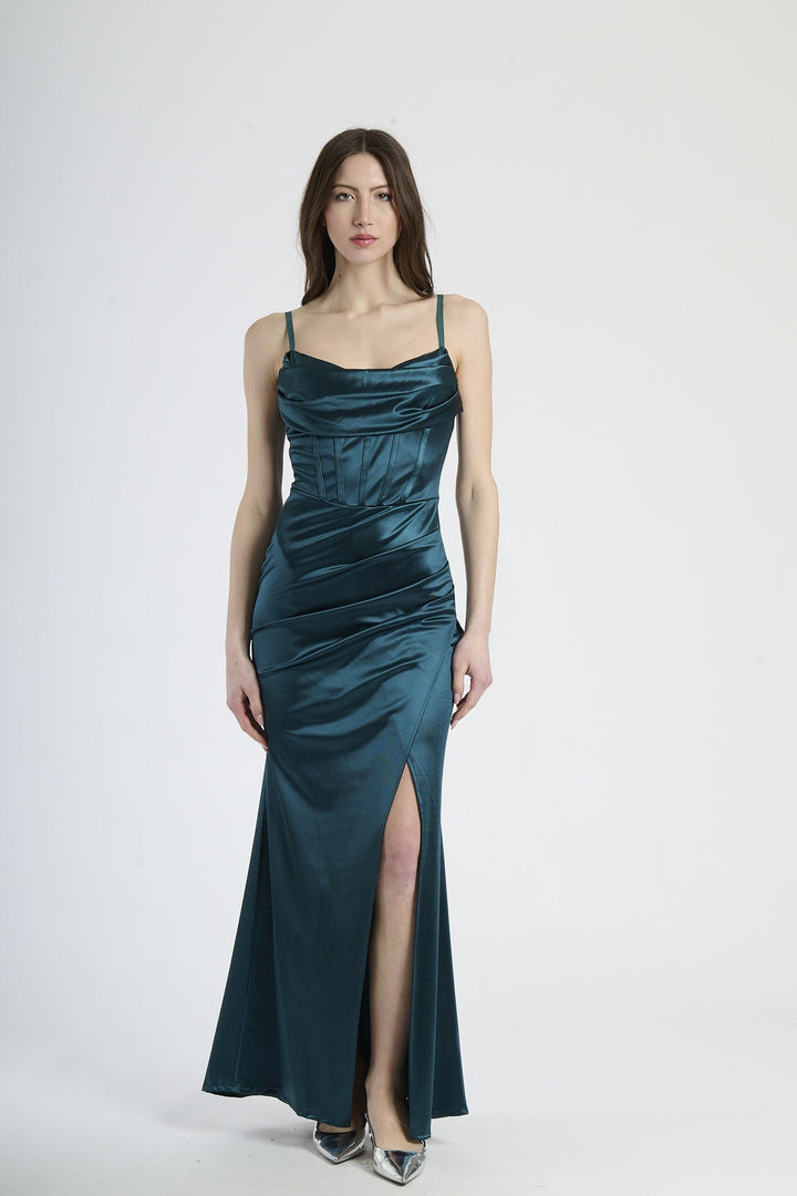 Satin dress with boned bodice and side slit Romina