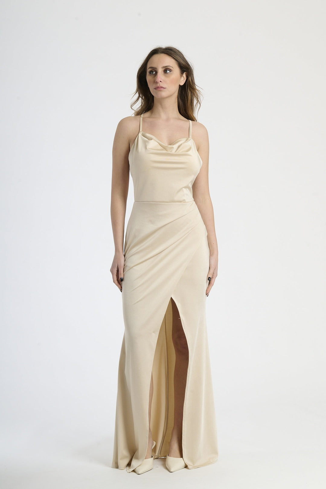 Fitted Draped Dress with Front Slit Ofelia