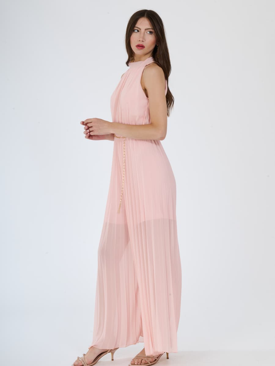"Celestea" Jumpsuit – Plissé Jumpsuit with Crew Neck and Chain Waist