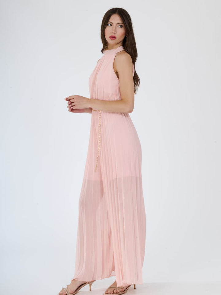 "Celestea" Jumpsuit – Plissé Jumpsuit with Crew Neck and Chain Waist