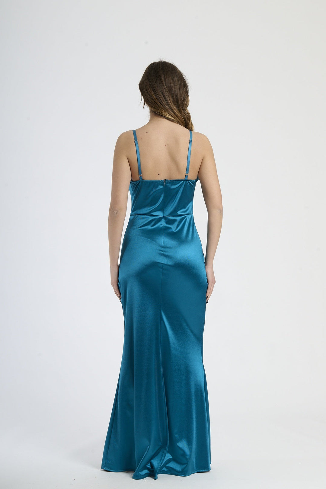 Satin dress with boned bodice and side slit Romina