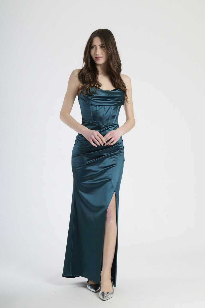Satin dress with boned bodice and side slit Romina