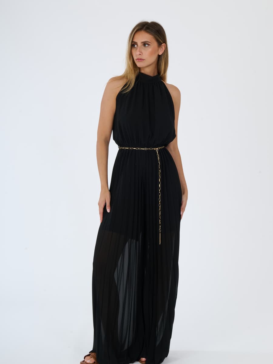"Celestea" Jumpsuit – Plissé Jumpsuit with Crew Neck and Chain Waist