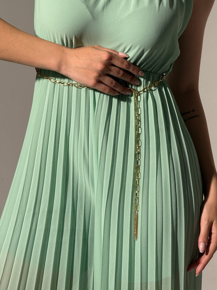 "Celestea" Jumpsuit – Plissé Jumpsuit with Crew Neck and Chain Waist