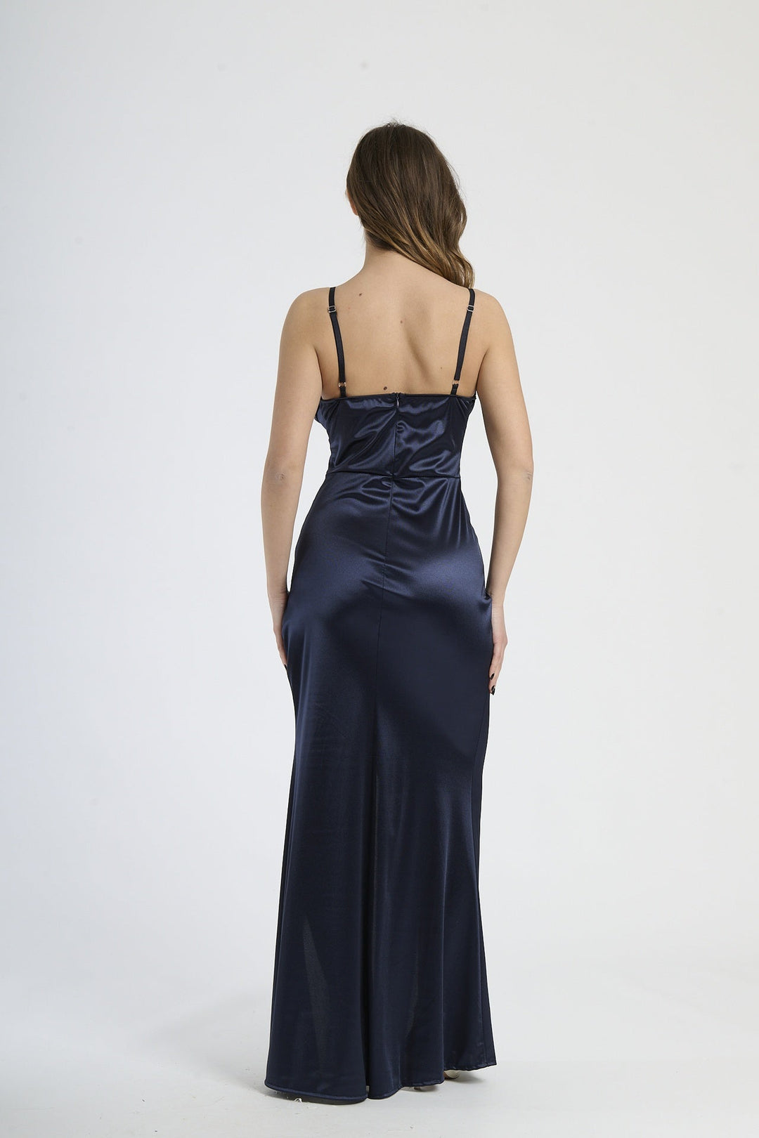 Satin dress with boned bodice and side slit Romina
