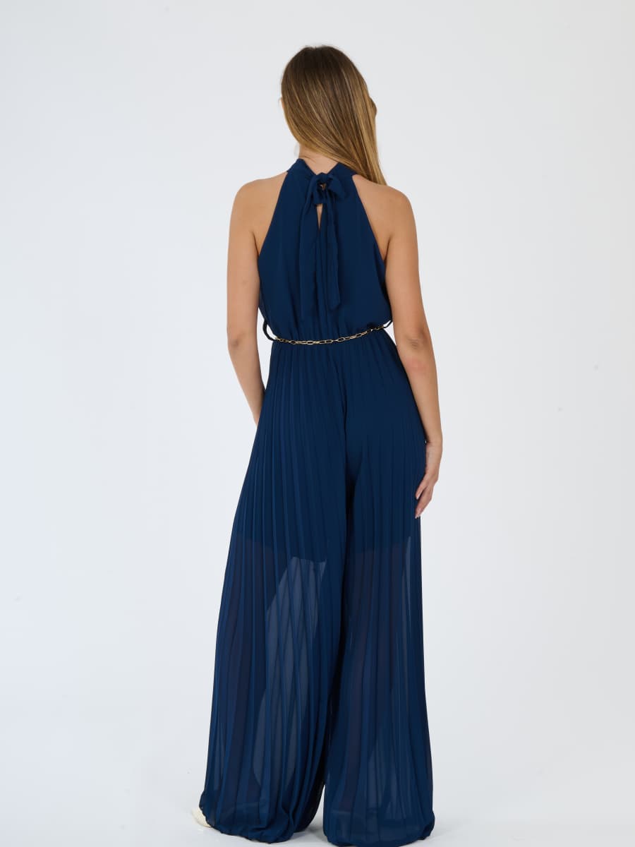 "Celestea" Jumpsuit – Plissé Jumpsuit with Crew Neck and Chain Waist