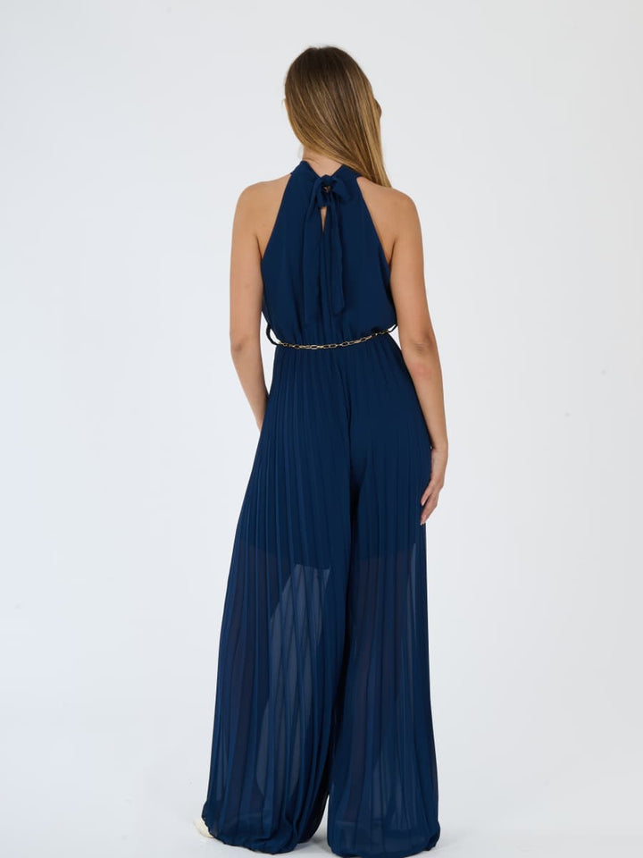 "Celestea" Jumpsuit – Plissé Jumpsuit with Crew Neck and Chain Waist
