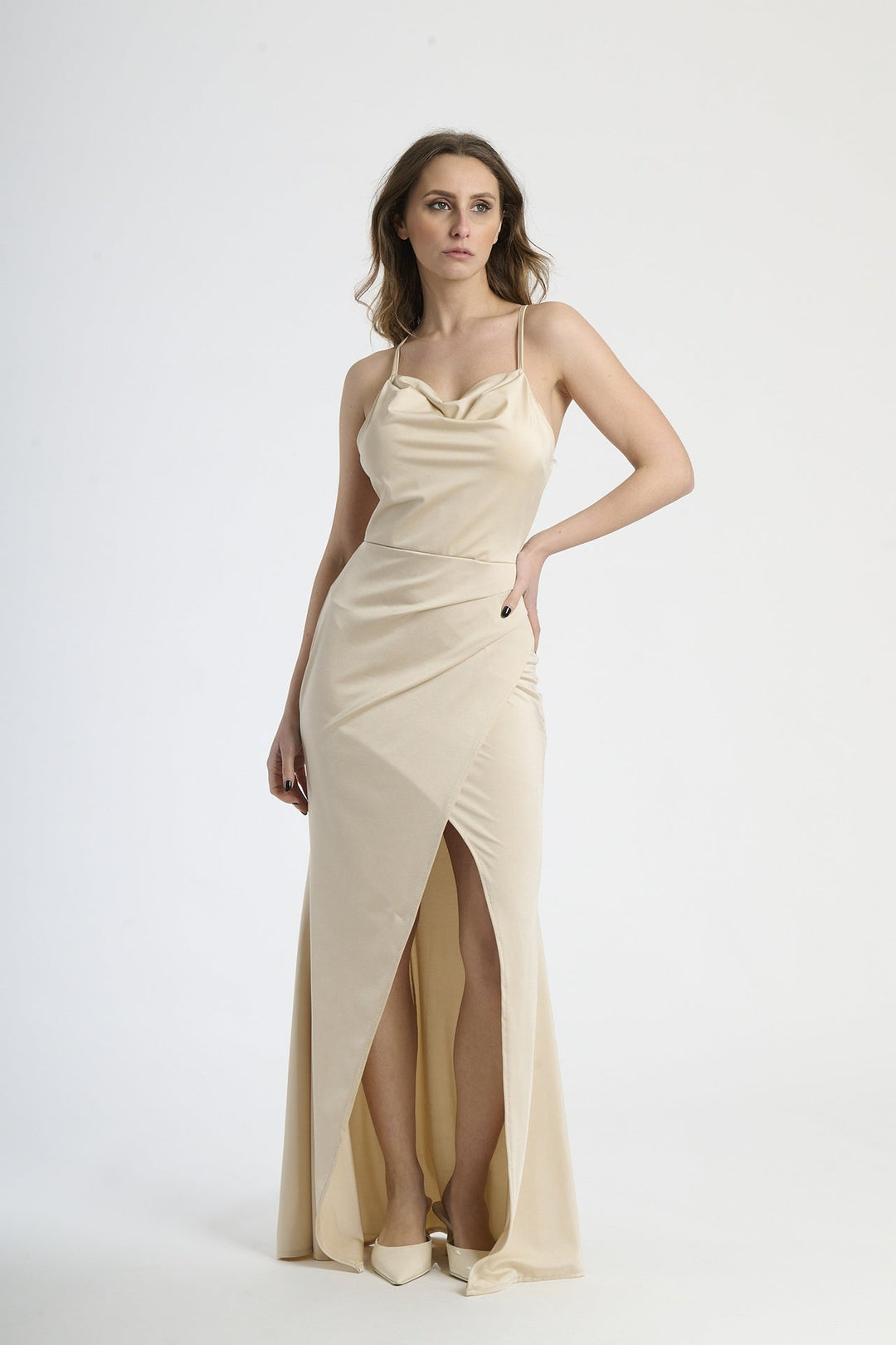 Fitted Draped Dress with Front Slit Ofelia