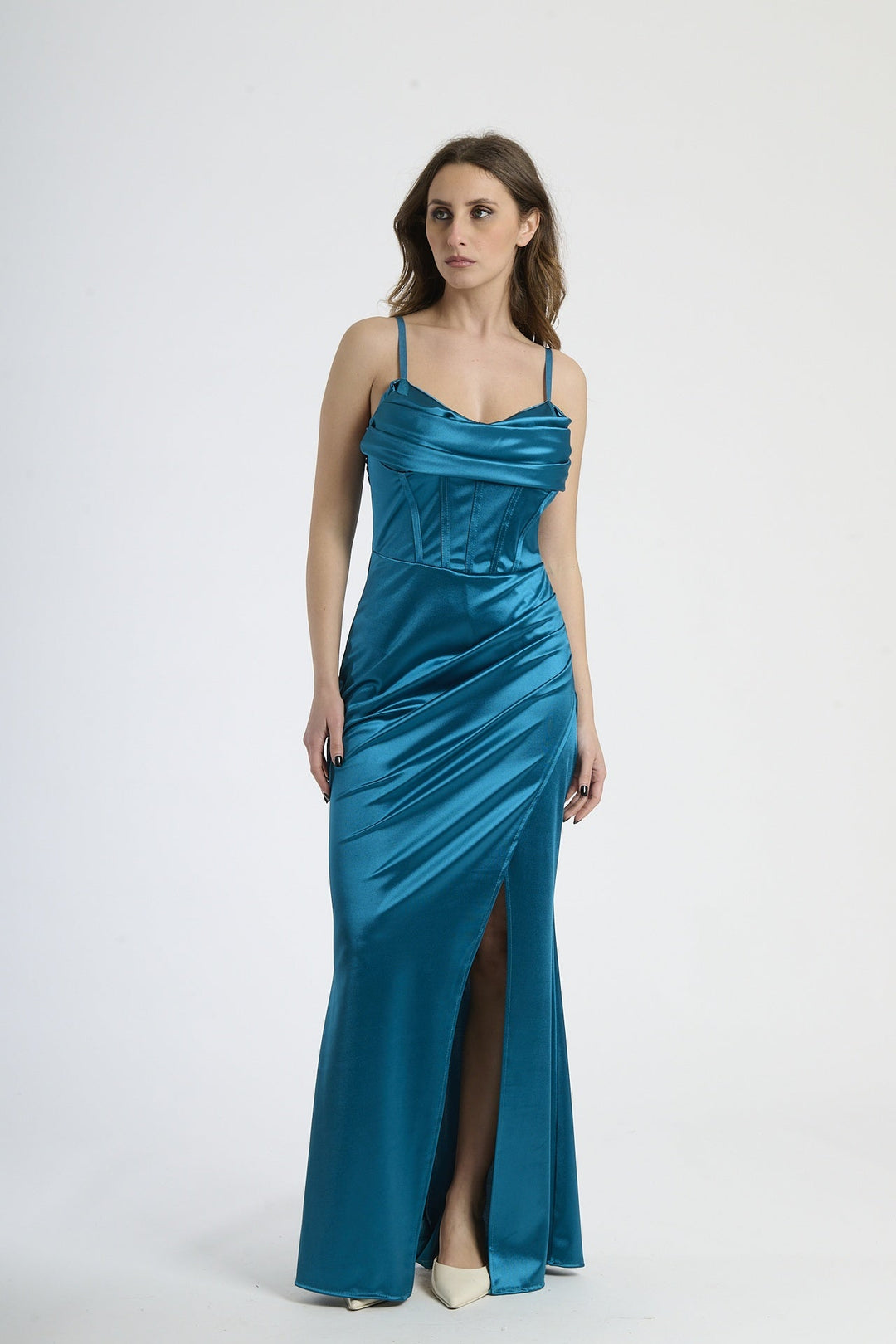 Satin dress with boned bodice and side slit Romina