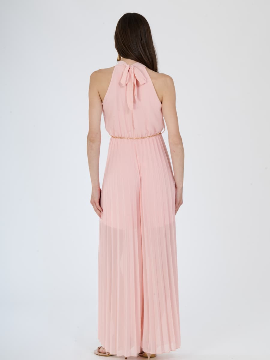 "Celestea" Jumpsuit – Plissé Jumpsuit with Crew Neck and Chain Waist