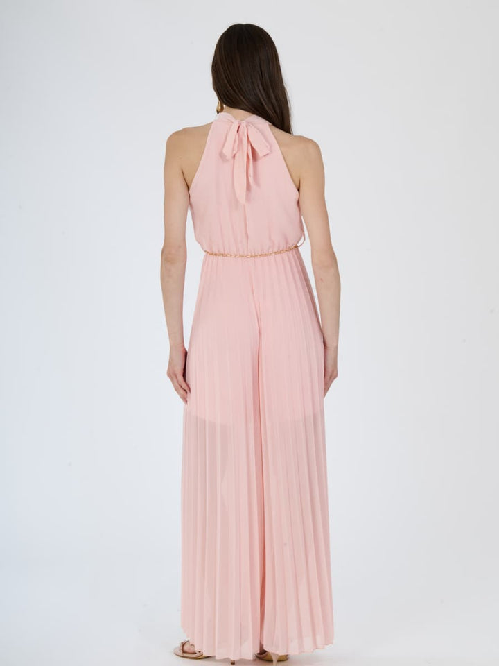"Celestea" Jumpsuit – Plissé Jumpsuit with Crew Neck and Chain Waist