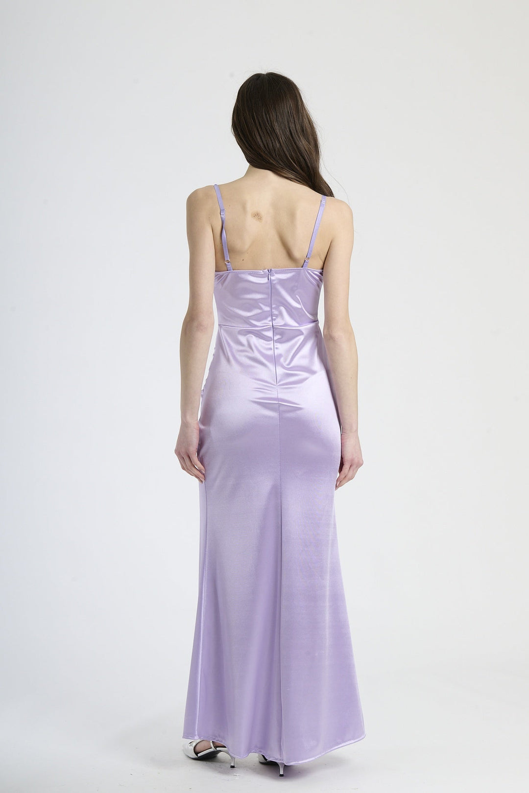 Satin dress with boned bodice and side slit Romina