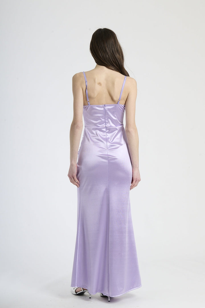 Satin dress with boned bodice and side slit Romina
