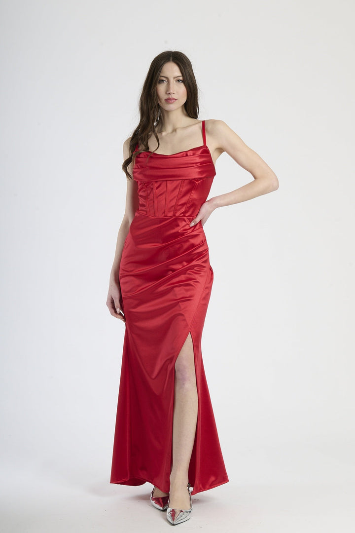 Satin dress with boned bodice and side slit Romina