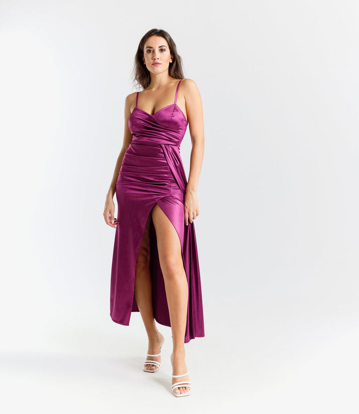 Draped Satin Long Dress with Side Slit Beatrice