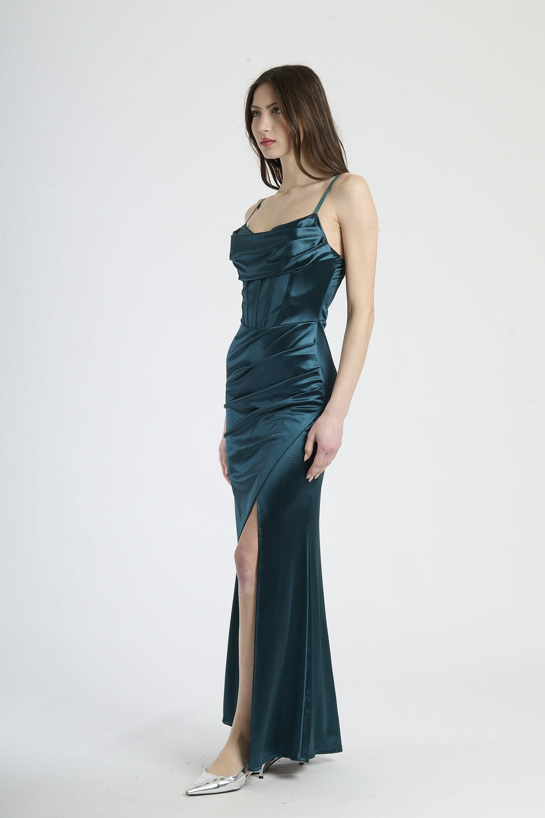 Satin dress with boned bodice and side slit Romina