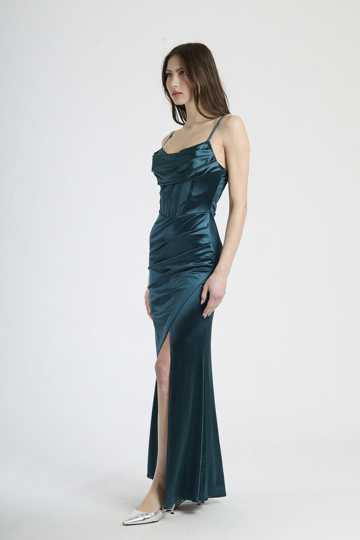 Satin dress with boned bodice and side slit Romina