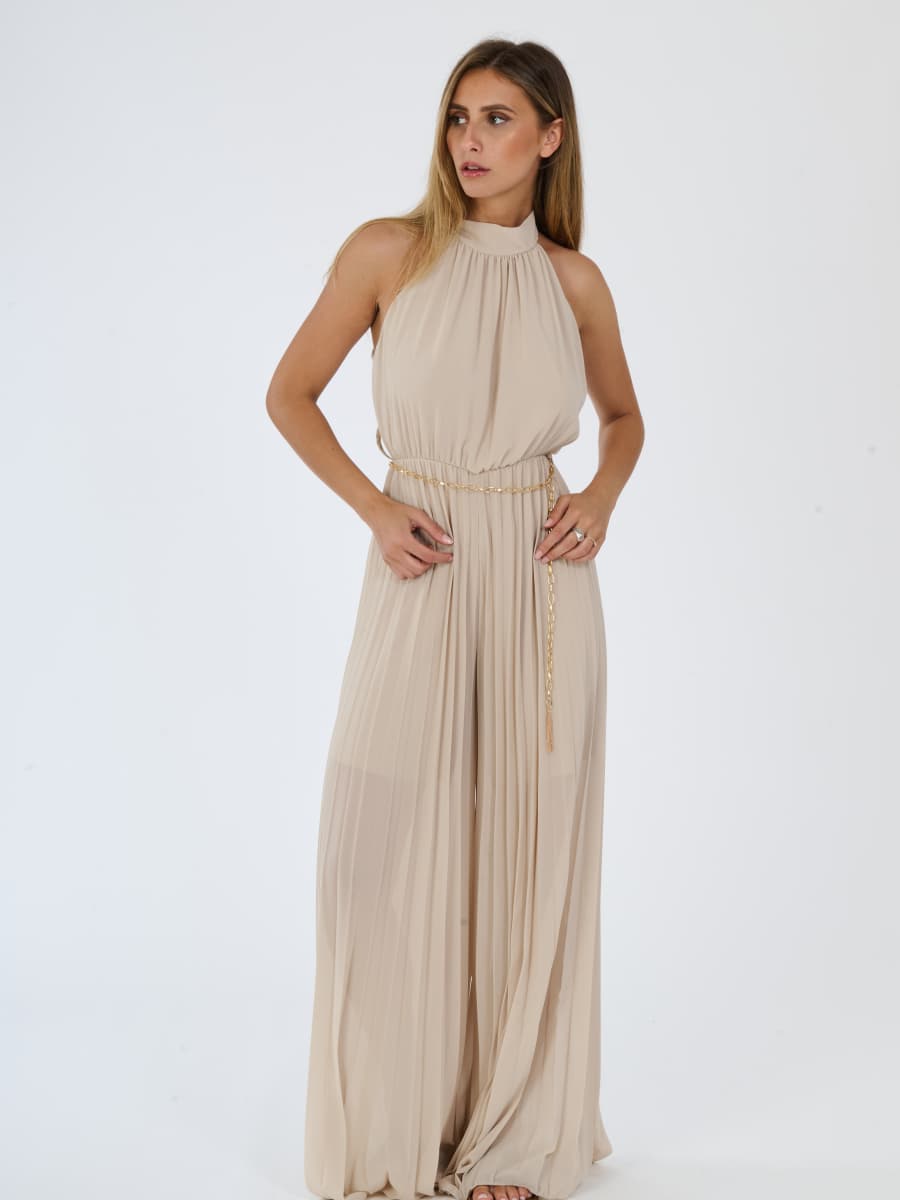 "Celestea" Jumpsuit – Plissé Jumpsuit with Crew Neck and Chain Waist