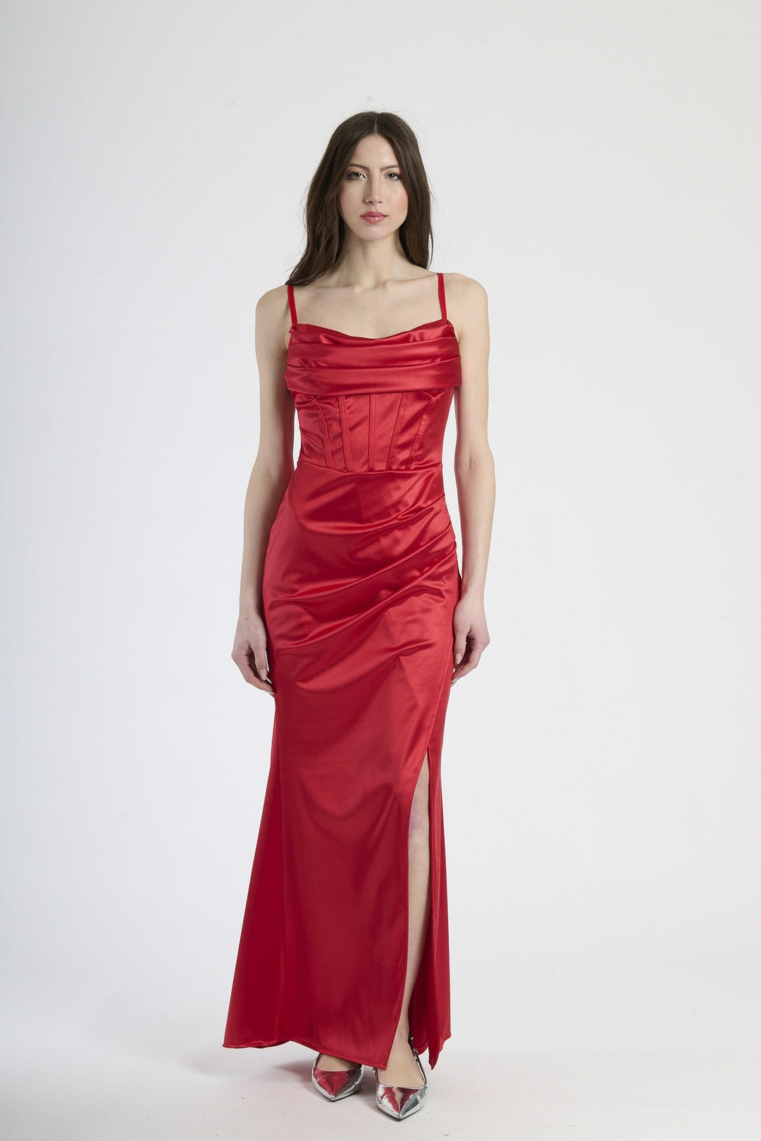 Satin dress with boned bodice and side slit Romina