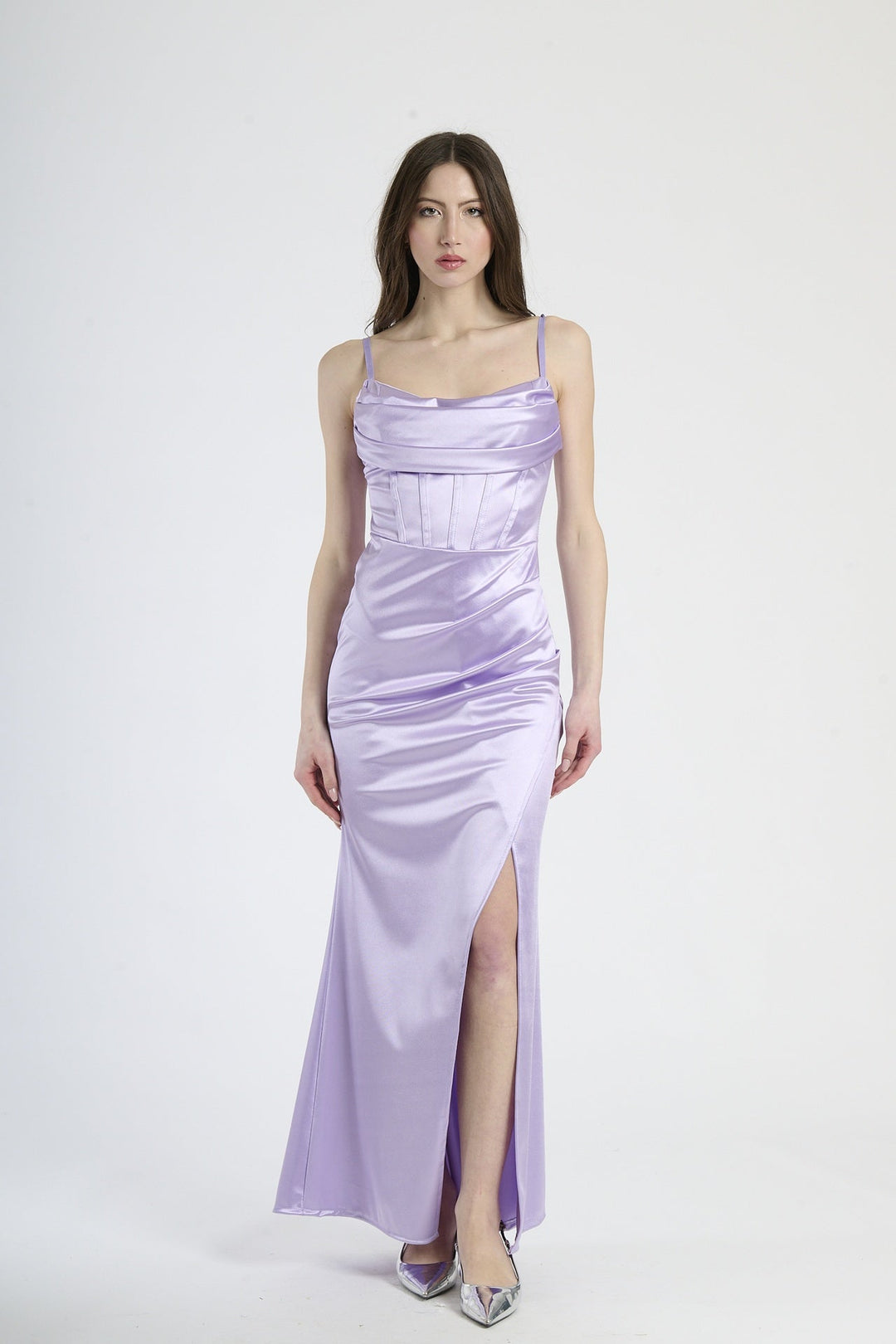 Satin dress with boned bodice and side slit Romina